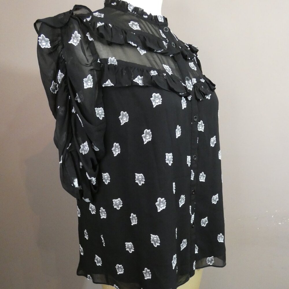 Shoshanna Women's M Terra Top Black Semi Sheer Floral Button Up Ruffle Detail - Picture 6 of 11
